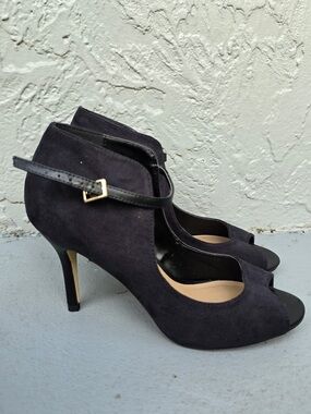 Ann Taylor Black Suede Peep-Toe Ankle Strap Heels Size 9.5